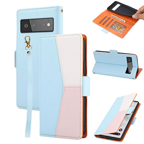 Coque Portefeuille Livre Cuir Etui Clapet SY2 pour Google Pixel 6a 5G Bleu Ciel