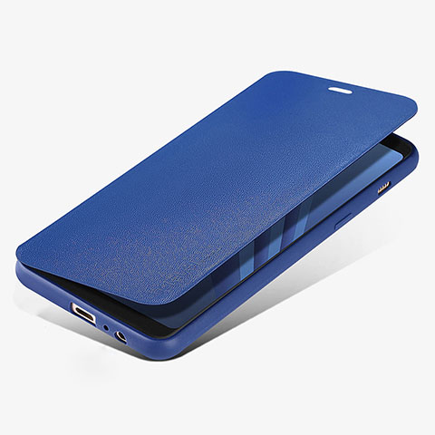 Coque Portefeuille Livre Cuir L02 pour Samsung Galaxy A8 (2018) Duos A530F Bleu