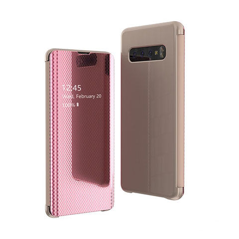 Coque Portefeuille Livre Cuir Miroir Housse Etui Clapet A01 pour Samsung Galaxy S10 Plus Or Rose