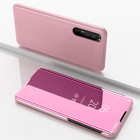 Coque Portefeuille Livre Cuir Miroir Housse Etui Clapet L03 pour Sony Xperia 1 II Or Rose