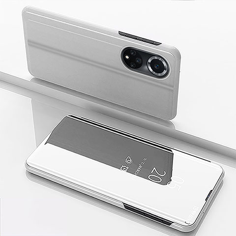 Coque Portefeuille Livre Cuir Miroir Housse Etui Clapet pour Huawei Honor 50 5G Argent