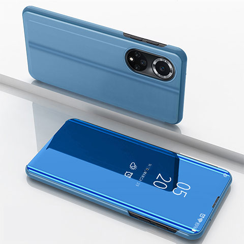 Coque Portefeuille Livre Cuir Miroir Housse Etui Clapet pour Huawei Honor 50 5G Bleu