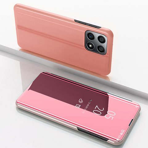 Coque Portefeuille Livre Cuir Miroir Housse Etui Clapet pour Huawei Honor X6 5G Or Rose