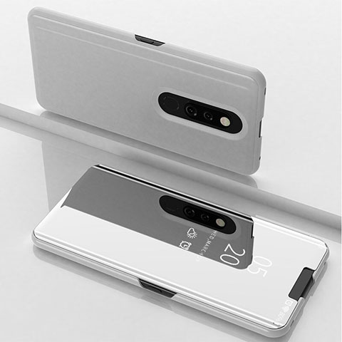 Coque Portefeuille Livre Cuir Miroir Housse Etui Clapet pour Oppo A9 Argent