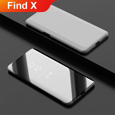 Coque Portefeuille Livre Cuir Miroir Housse Etui Clapet pour Oppo Find X Argent