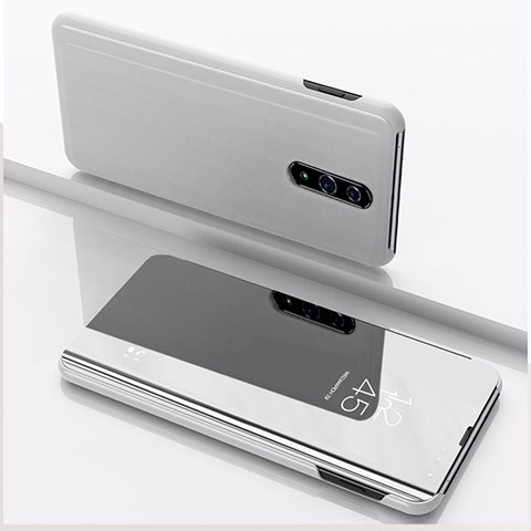 Coque Portefeuille Livre Cuir Miroir Housse Etui Clapet pour Oppo Reno Argent