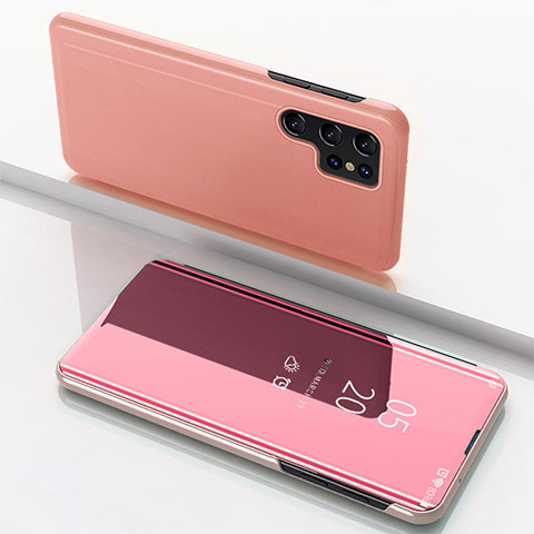 Coque Portefeuille Livre Cuir Miroir Housse Etui Clapet pour Samsung Galaxy S25 Ultra 5G Or Rose