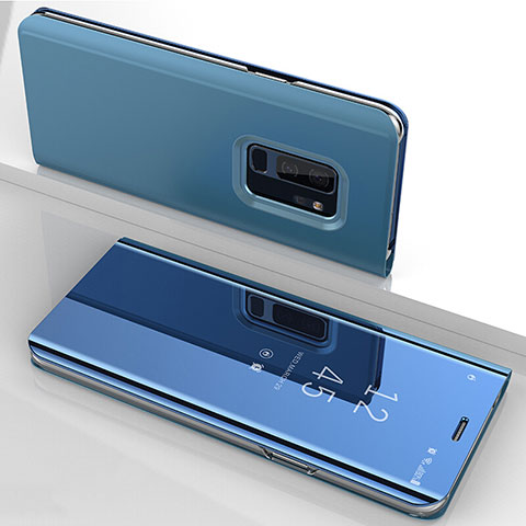 Coque Portefeuille Livre Cuir Miroir Housse Etui Clapet pour Samsung Galaxy S9 Plus Bleu