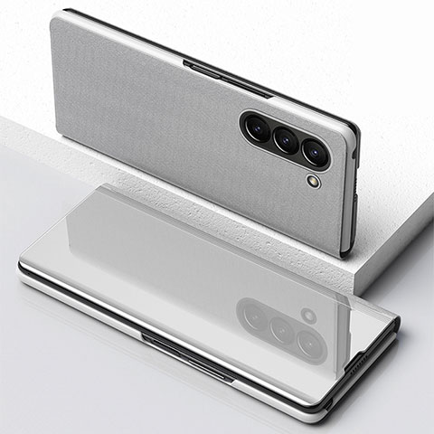 Coque Portefeuille Livre Cuir Miroir Housse Etui Clapet pour Samsung Galaxy Z Fold5 5G Argent