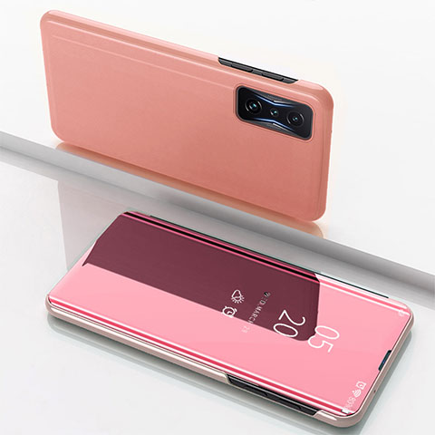 Coque Portefeuille Livre Cuir Miroir Housse Etui Clapet pour Xiaomi Redmi K50 Gaming 5G Or Rose