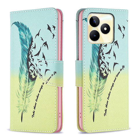 Coque Portefeuille Motif Fantaisie Livre Cuir Etui Clapet B01F pour Realme C51 Pastel Vert