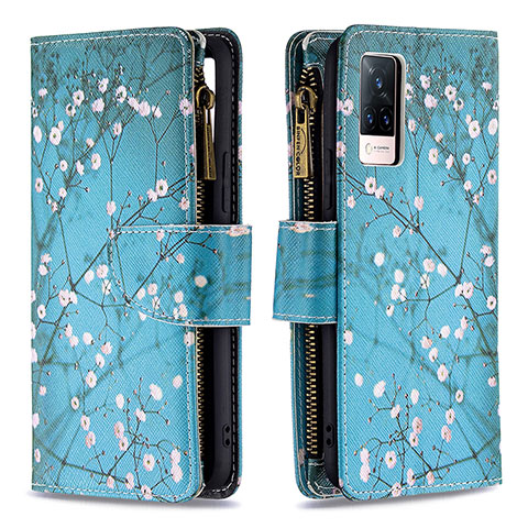 Coque Portefeuille Motif Fantaisie Livre Cuir Etui Clapet B04F pour Vivo V21 5G Cyan