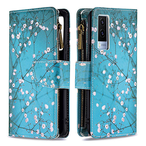 Coque Portefeuille Motif Fantaisie Livre Cuir Etui Clapet B04F pour Vivo V21e 5G Cyan