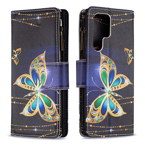 Coque Portefeuille Motif Fantaisie Livre Cuir Etui Clapet B05F pour Samsung Galaxy S22 Ultra 5G Noir