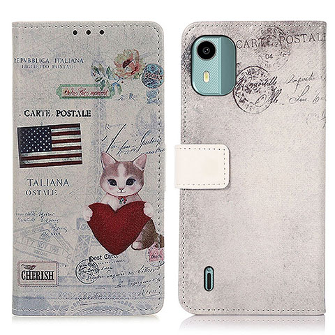 Coque Portefeuille Motif Fantaisie Livre Cuir Etui Clapet D02Y pour Nokia C12 Plus Gris