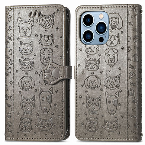 Coque Portefeuille Motif Fantaisie Livre Cuir Etui Clapet H12 pour Apple iPhone 13 Pro Max Gris