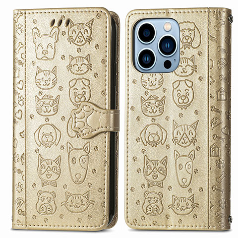 Coque Portefeuille Motif Fantaisie Livre Cuir Etui Clapet H12 pour Apple iPhone 13 Pro Max Or