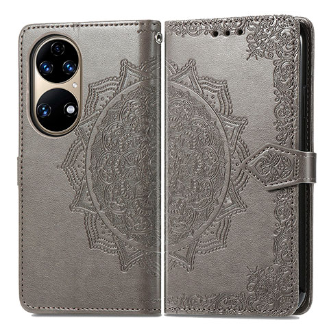 Coque Portefeuille Motif Fantaisie Livre Cuir Etui Clapet pour Huawei P50 Gris