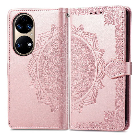 Coque Portefeuille Motif Fantaisie Livre Cuir Etui Clapet pour Huawei P50 Pro Or Rose