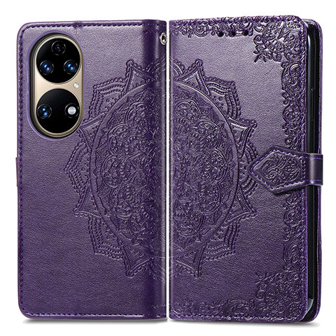 Coque Portefeuille Motif Fantaisie Livre Cuir Etui Clapet pour Huawei P50 Violet