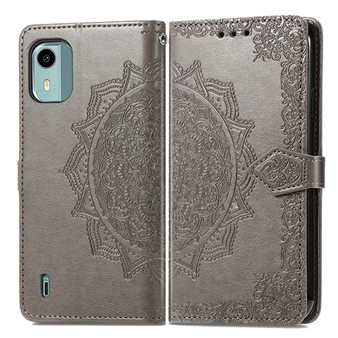 Coque Portefeuille Motif Fantaisie Livre Cuir Etui Clapet pour Nokia C12 Gris