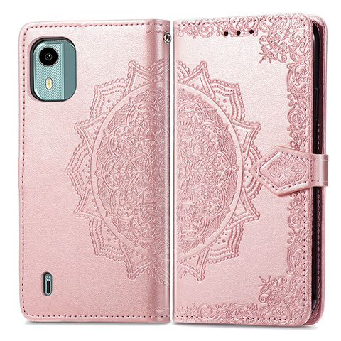 Coque Portefeuille Motif Fantaisie Livre Cuir Etui Clapet pour Nokia C12 Or Rose