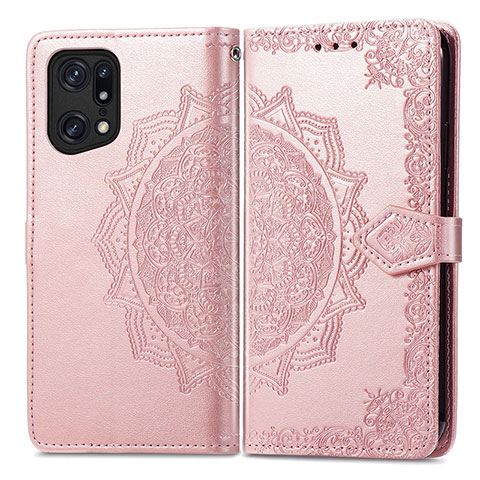 Coque Portefeuille Motif Fantaisie Livre Cuir Etui Clapet pour Oppo Find X5 Pro 5G Or Rose