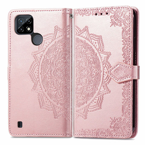 Coque Portefeuille Motif Fantaisie Livre Cuir Etui Clapet pour Realme C21 Or Rose