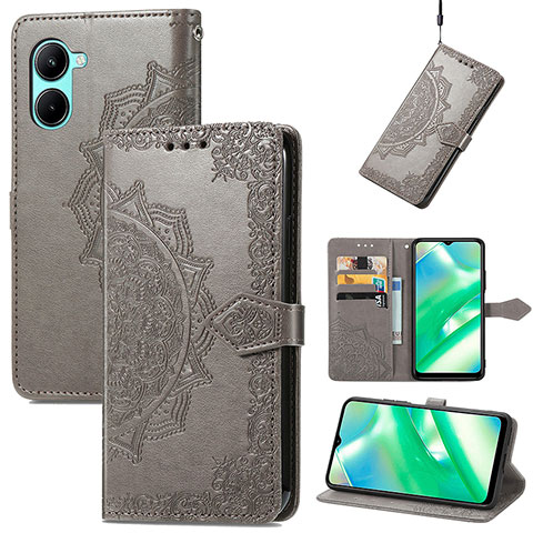 Coque Portefeuille Motif Fantaisie Livre Cuir Etui Clapet pour Realme C33 (2023) Gris