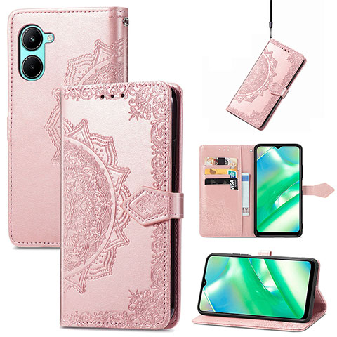 Coque Portefeuille Motif Fantaisie Livre Cuir Etui Clapet pour Realme C33 (2023) Or Rose