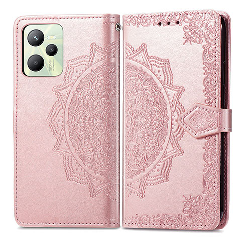 Coque Portefeuille Motif Fantaisie Livre Cuir Etui Clapet pour Realme C35 Or Rose