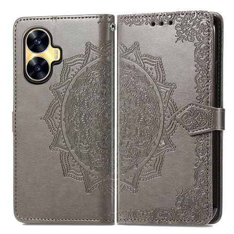 Coque Portefeuille Motif Fantaisie Livre Cuir Etui Clapet pour Realme C55 Gris