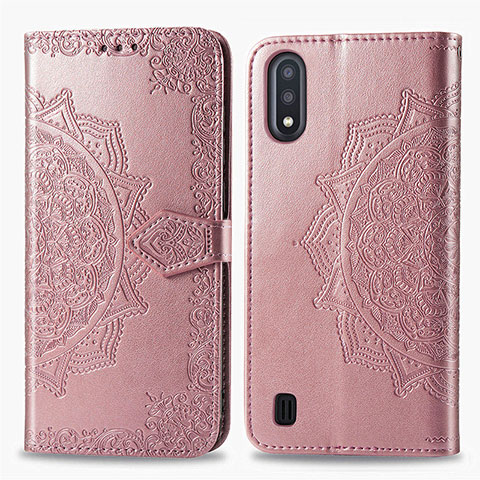 Coque Portefeuille Motif Fantaisie Livre Cuir Etui Clapet pour Samsung Galaxy M01 Or Rose