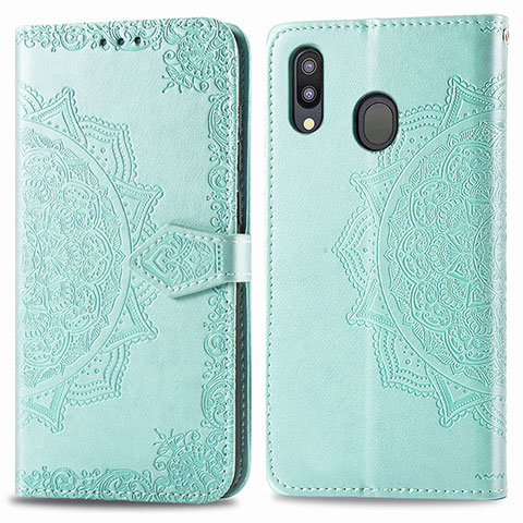 Coque Portefeuille Motif Fantaisie Livre Cuir Etui Clapet pour Samsung Galaxy M20 Vert