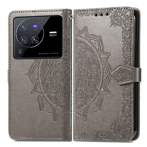 Coque Portefeuille Motif Fantaisie Livre Cuir Etui Clapet pour Vivo X80 Pro 5G Gris