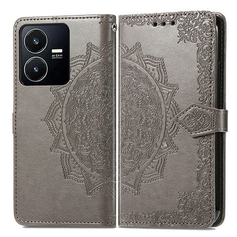 Coque Portefeuille Motif Fantaisie Livre Cuir Etui Clapet pour Vivo Y22 Gris