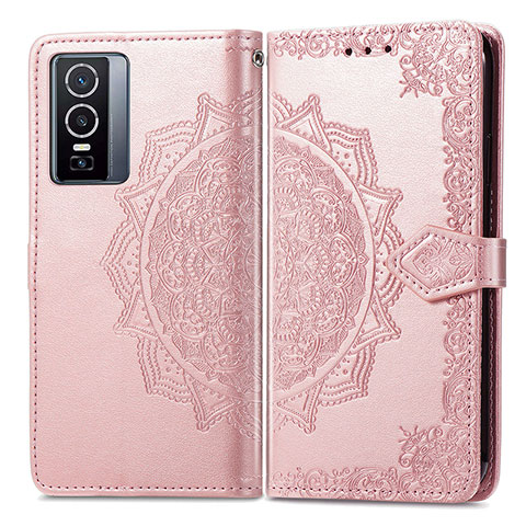 Coque Portefeuille Motif Fantaisie Livre Cuir Etui Clapet pour Vivo Y76 5G Or Rose