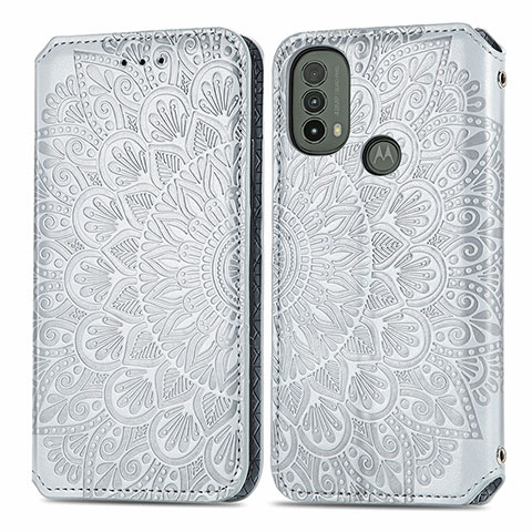 Coque Portefeuille Motif Fantaisie Livre Cuir Etui Clapet S01D pour Motorola Moto E20 Argent