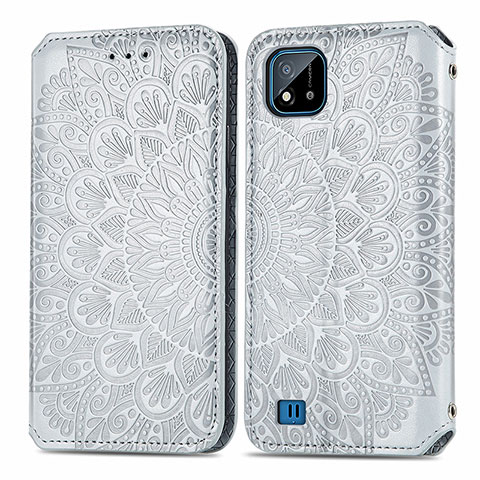 Coque Portefeuille Motif Fantaisie Livre Cuir Etui Clapet S01D pour Realme C20A Argent