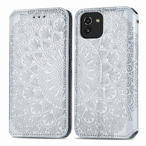 Coque Portefeuille Motif Fantaisie Livre Cuir Etui Clapet S01D pour Samsung Galaxy A03 Argent