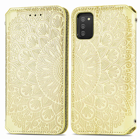 Coque Portefeuille Motif Fantaisie Livre Cuir Etui Clapet S01D pour Samsung Galaxy A03s Or