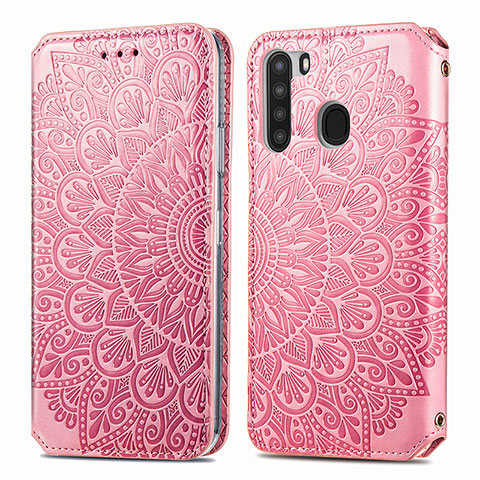 Coque Portefeuille Motif Fantaisie Livre Cuir Etui Clapet S01D pour Samsung Galaxy A21 Or Rose