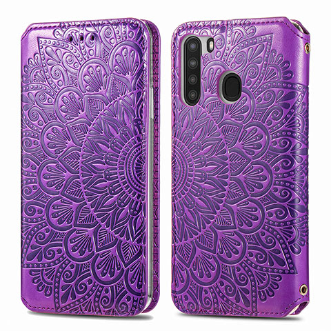 Coque Portefeuille Motif Fantaisie Livre Cuir Etui Clapet S01D pour Samsung Galaxy A21 Violet