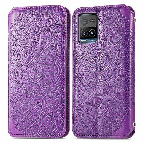 Coque Portefeuille Motif Fantaisie Livre Cuir Etui Clapet S01D pour Vivo Y21 Violet