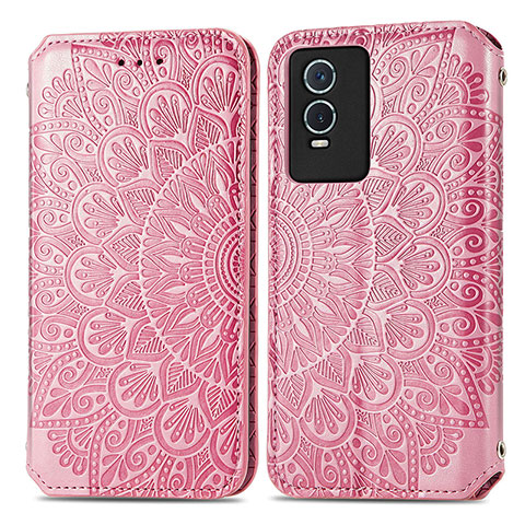 Coque Portefeuille Motif Fantaisie Livre Cuir Etui Clapet S01D pour Vivo Y76s 5G Or Rose