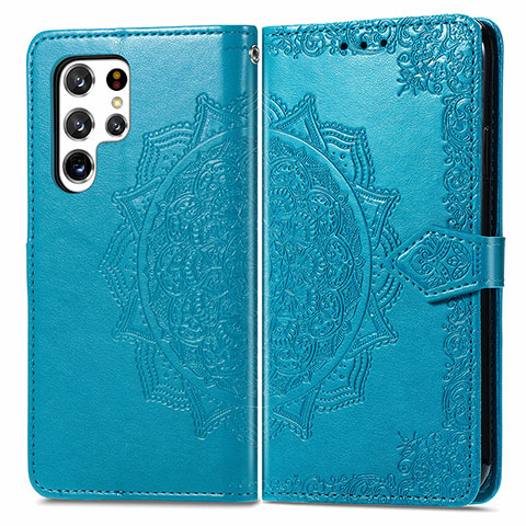 Coque Portefeuille Motif Fantaisie Livre Cuir Etui Clapet S02D pour Samsung Galaxy S22 Ultra 5G Bleu