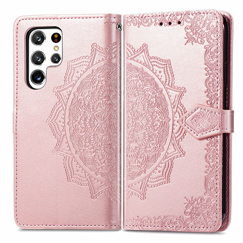 Coque Portefeuille Motif Fantaisie Livre Cuir Etui Clapet S02D pour Samsung Galaxy S22 Ultra 5G Or Rose