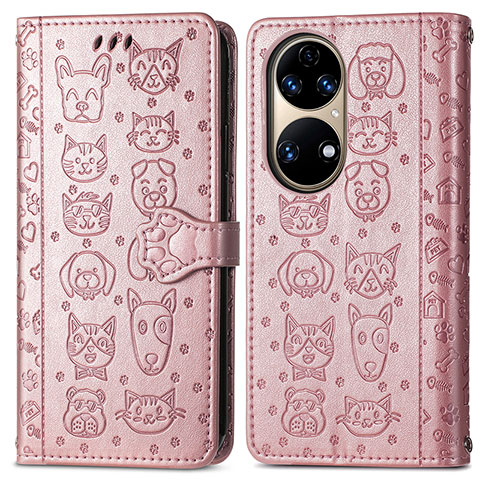 Coque Portefeuille Motif Fantaisie Livre Cuir Etui Clapet S03D pour Huawei P50 Pro Or Rose