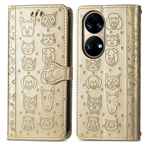 Coque Portefeuille Motif Fantaisie Livre Cuir Etui Clapet S03D pour Huawei P50e Or