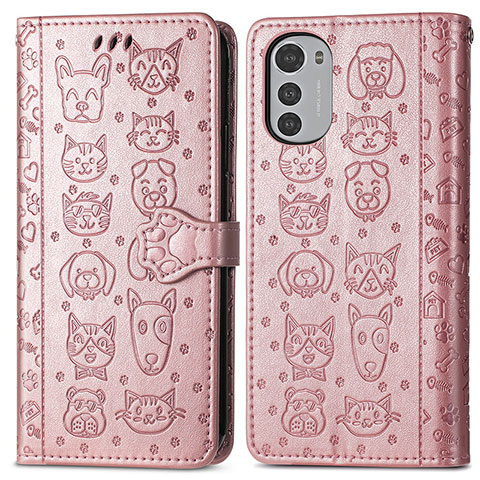 Coque Portefeuille Motif Fantaisie Livre Cuir Etui Clapet S03D pour Motorola Moto E32s Or Rose